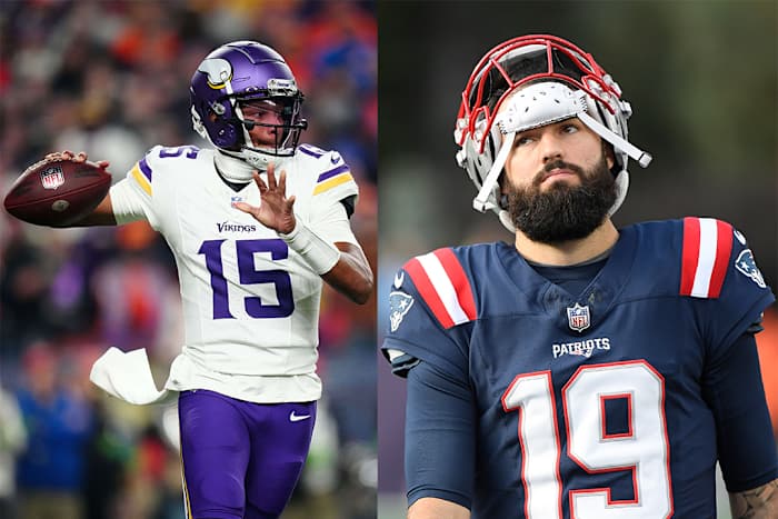 Minnesota Vikings quarterback Josh Dobbs (left) and New England Patriots' Will Grier (right).